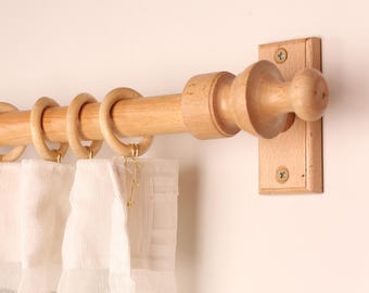 Natural Oak Wooden Curtain Rod Bracket with Colonial Finial, Solid Wood Curtain Holder, Custom Size Beech Rod 73 to 157 Inches