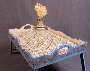 Handmade Folding Mosaic Serving Tray, Blue Floral Carved Wood Design, Rustic Ottoman Breakfast Table