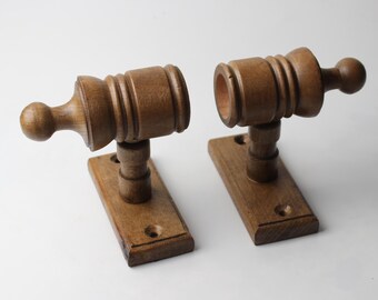 Walnut Oak Wooden Curtain Rod Bracket with Ribbed Ball Finial, Solid Wood Curtain Holder, Custom Size Beech Rod 73 to 157 Inches