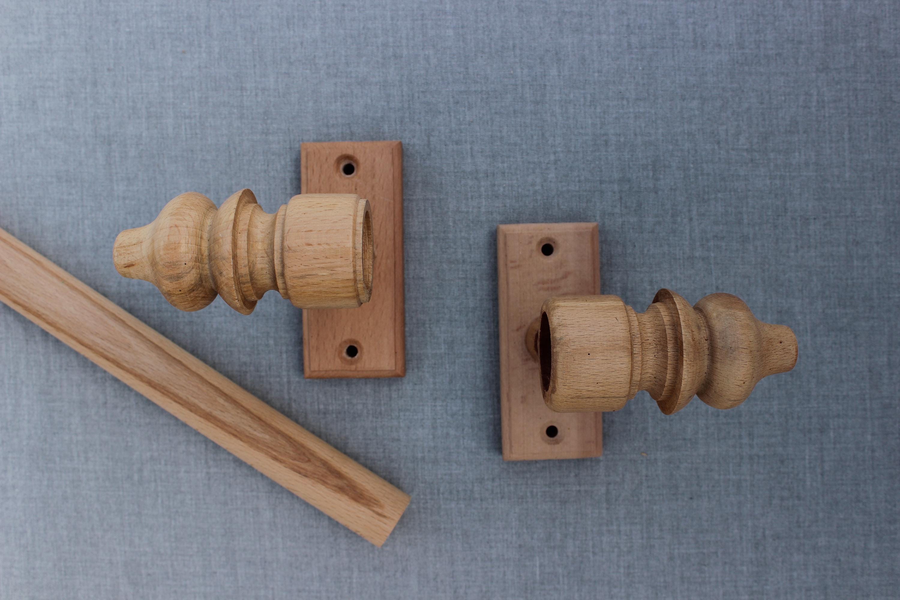 Natural Oak Wooden Curtain Rod Bracket With Urn Finial, Solid Wood ...