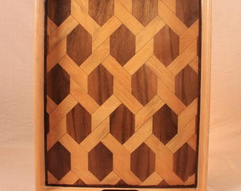 Handmade Wood Serving Tray, Geometric Inlay, Decorative Ottoman Tray