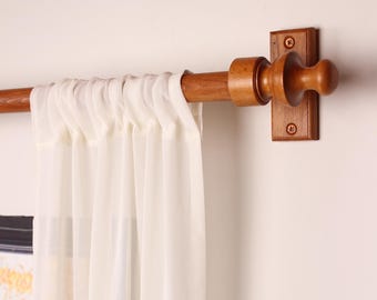 Teak Oak Wooden Curtain Rod Bracket with Colonial Finial, Solid Wood Curtain Holder, Custom Size Beech Rod 73 to 157 Inches