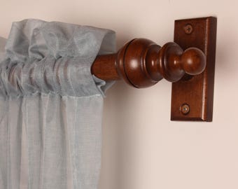 Oak Wooden Curtain Rod Bracket with Crown Finial, Solid Wood Curtain Holder, Custom Size Beech Rod 73 to 157 Inches