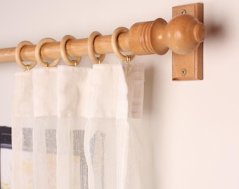 Natural Oak Wooden Curtain Rod Bracket with Ball Finial, Solid Wood Curtain Holder, Custom Size Beech Rod 73 to 157 Inches