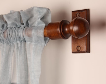 Oak Wooden Curtain Rod Bracket with Knob Finial, Solid Wood Curtain Holder, Custom Size Beech Rod 73 to 157 Inches