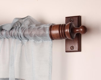 Wenge Oak Wooden Curtain Rod Bracket with Ribbed Ball Finial, Solid Wood Curtain Holder, Custom Size Beech Rod 73 to 157 Inches