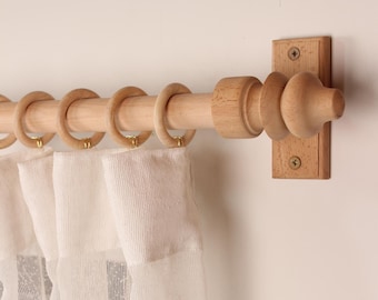 Unfinished Oak Wooden Curtain Rod Bracket with Urn Finial, Solid Wood Curtain Holder, Custom Size Beech Rod 73 to 157 Inches