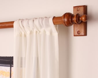 Teak Oak Wooden Curtain Rod Bracket with Crown Finial, Solid Wood Curtain Holder, Custom Size Beech Rod 73 to 157 Inches
