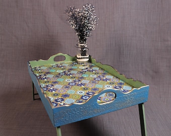 Handmade Folding Wooden Serving Tray, Blue Mosaic Pattern Design, Turkish Ottoman Coffee Table Decor