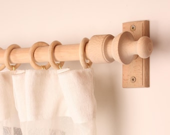 Unfinished Oak Wooden Curtain Rod Bracket with Colonial Finial, Solid Wood Curtain Holder, Custom Size Beech Rod 73 to 157 Inches