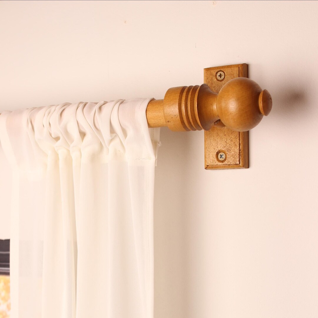 Honey Oak Wooden Curtain Rod Bracket With Ball Finial, Solid Wood ...