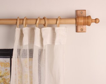 Natural Oak Wooden Curtain Rod Bracket with Ribbed Ball Finial, Solid Wood Curtain Holder, Custom Size Beech Rod 73 to 157 Inches