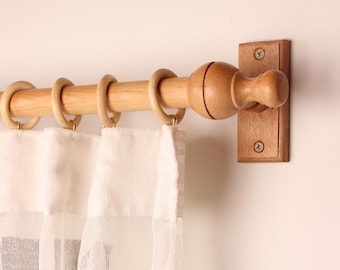 Natural Oak Wooden Curtain Rod Bracket with Yakima Finial, Solid Wood Curtain Holder, Custom Size Beech Rod 73 to 157 Inches