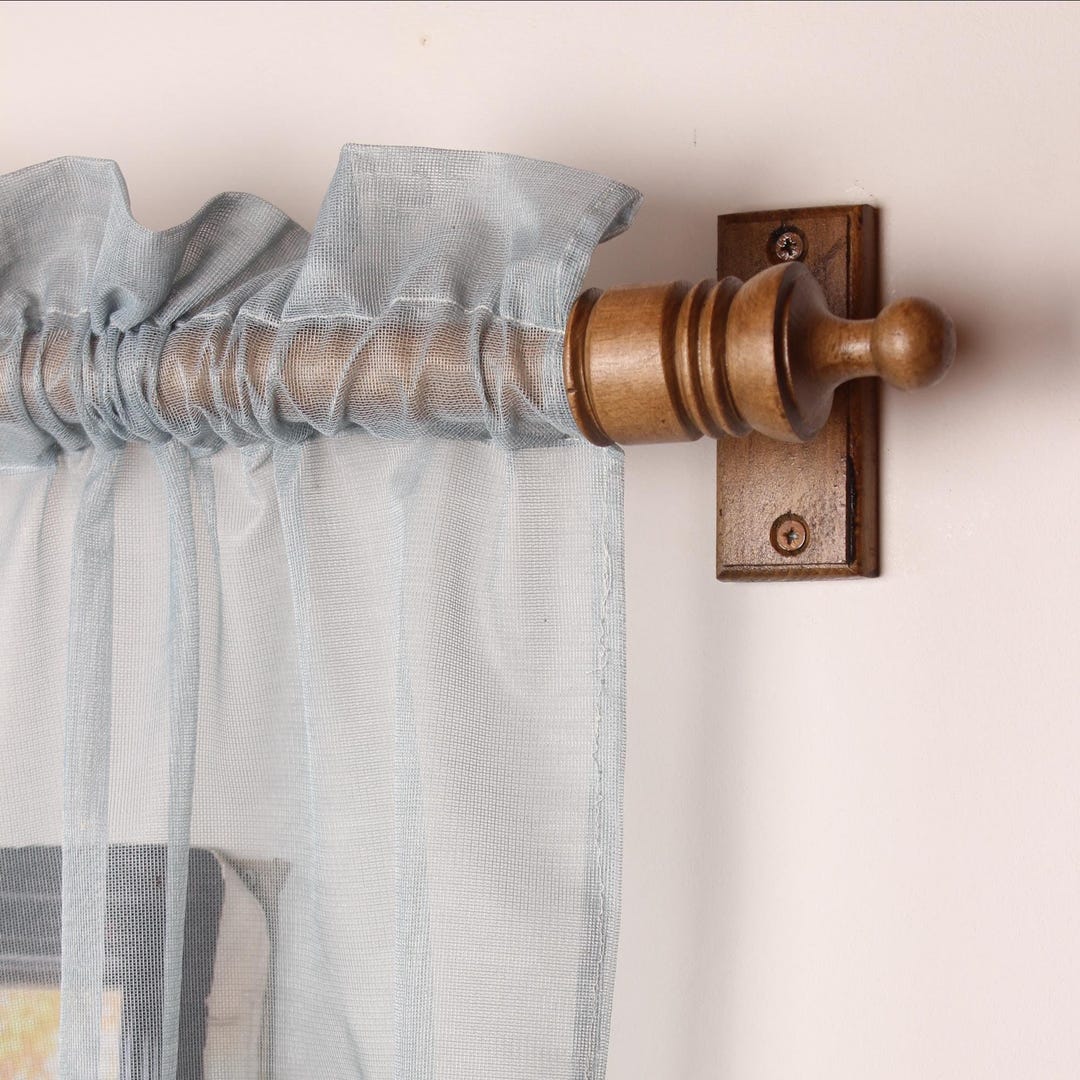 Walnut Oak Wooden Curtain Rod Bracket With Ribbed Ball Finial, Solid ...