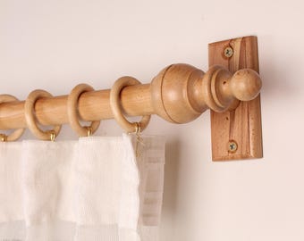 Natural Oak Wooden Curtain Rod Bracket with Crown Finial, Solid Wood Curtain Holder, Custom Size Beech Rod 73 to 157 Inches