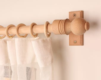 Unfinished Oak Wooden Curtain Rod Bracket with Ball Finial, Solid Wood Curtain Holder, Custom Size Beech Rod 73 to 157 Inches