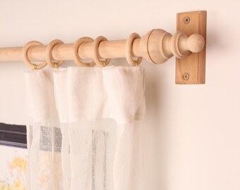 Unfinished Oak Wooden Curtain Rod Bracket with Crown Finial, Solid Wood Curtain Holder, Custom Size Beech Rod 73 to 157 Inches