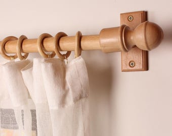 Natural Oak Wooden Curtain Rod Bracket with Knob Finial, Solid Wood Curtain Holder, Custom Size Beech Rod 73 to 157 Inches