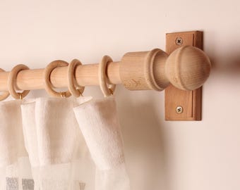 Unfinished Oak Wooden Curtain Rod Bracket with Knob Finial, Solid Wood Curtain Holder, Custom Size Beech Rod 73 to 157 Inches