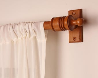 Teak Oak Wooden Curtain Rod Bracket with Ribbed Ball Finial, Solid Wood Curtain Holder, Custom Size Beech Rod 73 to 157 Inches