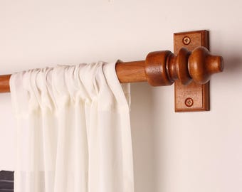 Teak Oak Wooden Curtain Rod Bracket with Urn Finial, Solid Wood Curtain Holder, Custom Size Beech Rod 73 to 157 Inches