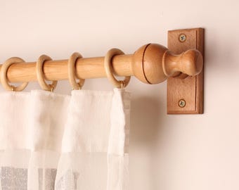 Unfinished Oak Wooden Curtain Rod Bracket with Yakima Finial, Solid Wood Curtain Holder, Custom Size Beech Rod 73 to 157 Inches