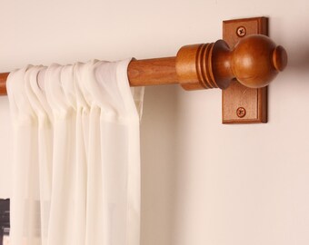 Teak Oak Wooden Curtain Rod Bracket with Ball Finial, Solid Wood Curtain Holder, Custom Size Beech Rod 73 to 157 Inches