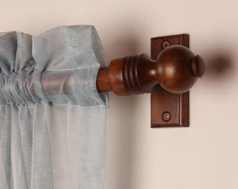 Oak Wooden Curtain Rod Bracket with Ball Finial, Solid Wood Curtain Holder, Custom Size Beech Rod 73 to 157 Inches