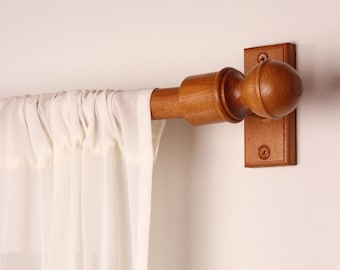 Teak Oak Wooden Curtain Rod Bracket with Knob Finial, Solid Wood Curtain Holder, Custom Size Beech Rod 73 to 157 Inches