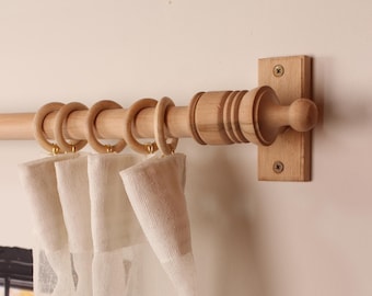Unfinished Oak Wooden Curtain Rod Bracket with Ribbed Ball Finial, Solid Wood Curtain Holder, Custom Size Beech Rod 73 to 157 Inches