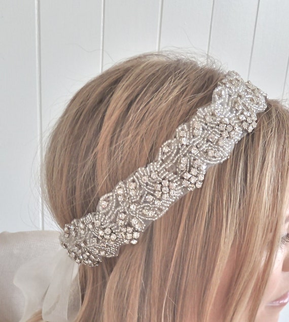 Items similar to Beaded bridal hairwrap, Crystal beaded headpiece