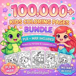 Paquete de más de 100.000 páginas para colorear para niños y adultos. Derechos PLR/MRR (PDF, SVG, regalo).