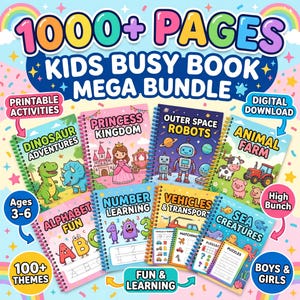 May include: A colorful image showcasing a 'Kids Busy Book Mega Bundle' with various themes. The books feature titles like 'Dinosaur Adventures,' 'Princess Kingdom,' and 'Outer Space Robots.' The bundle includes printable activities for ages 3-6, with over 100 themes.