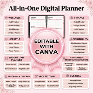 May include: A digital planner with a pink and white design, featuring sections for wellness, finance, lifestyle, weight loss, pregnancy, productivity, anti-anxiety, spirituality, and business. The planner is editable with Canva.