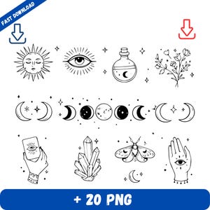 Doodle Celestial PNG: Boho Mystical Moon Moth Crystal Magic Symbols png Celestial Line Art Clipart (Digital Download)