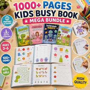Könnte beinhalten: Ein digitales Beschäftigungsbuch-Set für Kinder mit über 1000 druckbaren Seiten. Das Paket enthält spiralgebundene Bücher zu Themen wie Dinosaurier, Prinzessinnen, Weltraumroboter und Bauernhof sowie verschiedene Übungsblätter zum Nachspuren.