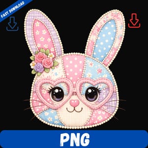 PNG de patchwork floral com coelhinho: Patchwork xadrez vichy estilo cottagecore de Páscoa em PNG, coelhinho fofo da primavera em PNG (Download digital)