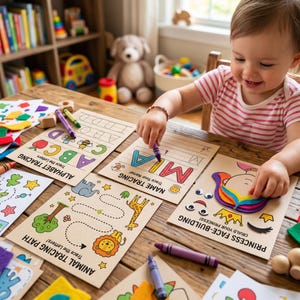 May include: A child is tracing letters and shapes on activity sheets with crayons. The sheets include alphabet tracing, name tracing, and animal tracing paths. The child is sitting at a wooden table with other toys and books in the background.