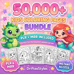 50,000ページ以上の塗り絵セット、子供と大人向け、PLR/MRR権利付き、pdf、svg、ギフト