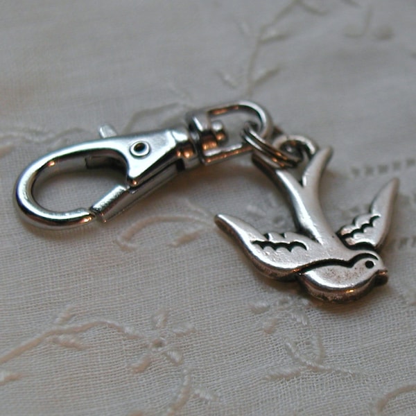 Swooping Swallow Bird Zipper Pull Backpack Clip Key Fob Silver Purse Charm