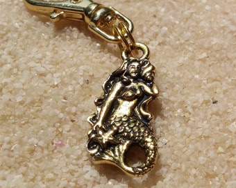 Cute Gold Mermaid Zipper Pull Backpack Swivel Clip on Charm Purse Planner Fob Double Sided