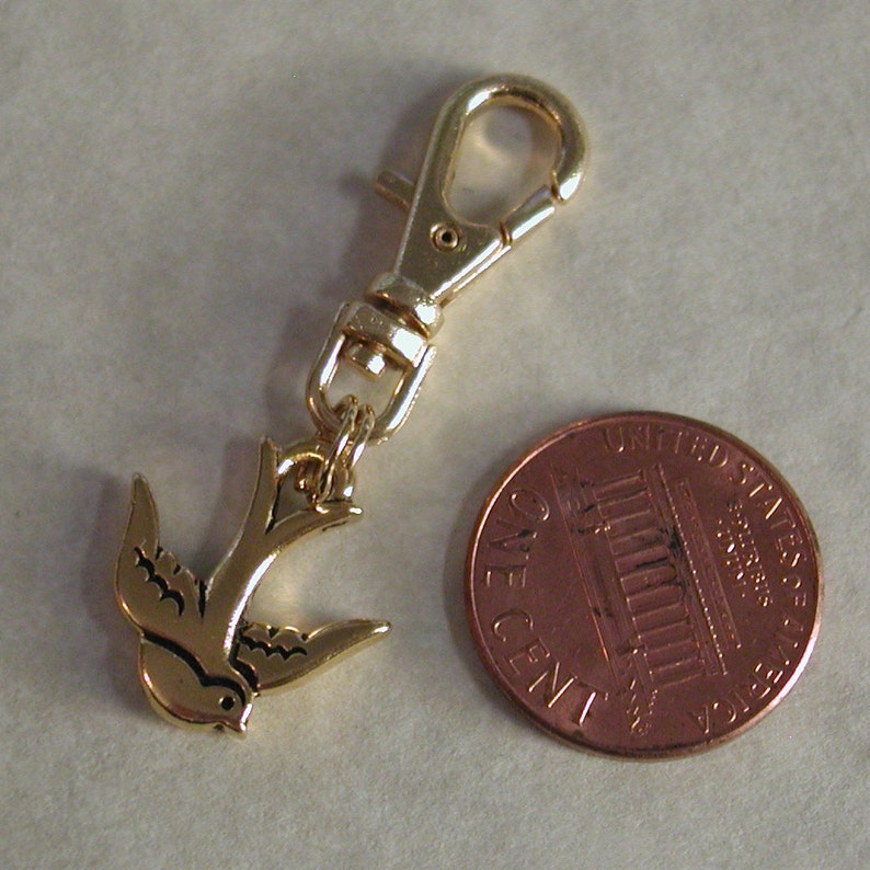 Swooping Swallow Bird Zipper Pull Backpack Fob Gold Purse Clip on Charm image 5