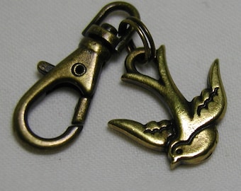 Swooping Swallow Bird Zipper Pull Backpack Clip Antiqued Brass Swivel Purse Charm