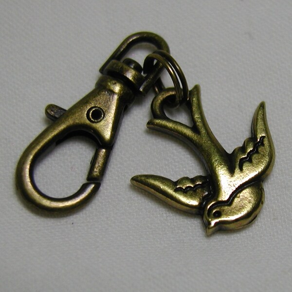 Swooping Swallow Bird Zipper Pull Backpack Clip Antiqued Brass Swivel Purse Charm