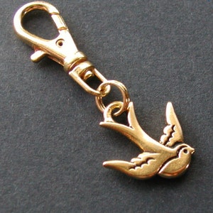 Swooping Swallow Bird Zipper Pull Backpack Fob Gold Purse Clip on Charm image 3