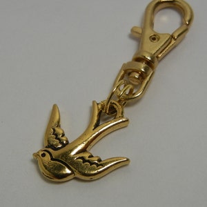 Swooping Swallow Bird Zipper Pull Backpack Fob Gold Purse Clip on Charm image 1