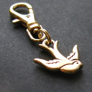 Swooping Swallow Bird Zipper Pull Backpack Fob Gold Purse Clip on Charm image 2