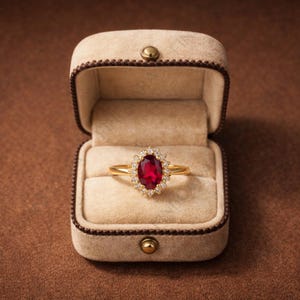 Puede incluir: Un anillo de oro con una gran piedra central ovalada roja, rodeada de diamantes más pequeños, se encuentra dentro de un joyero beige abierto. La caja está forrada con tela beige y tiene un cierre dorado.