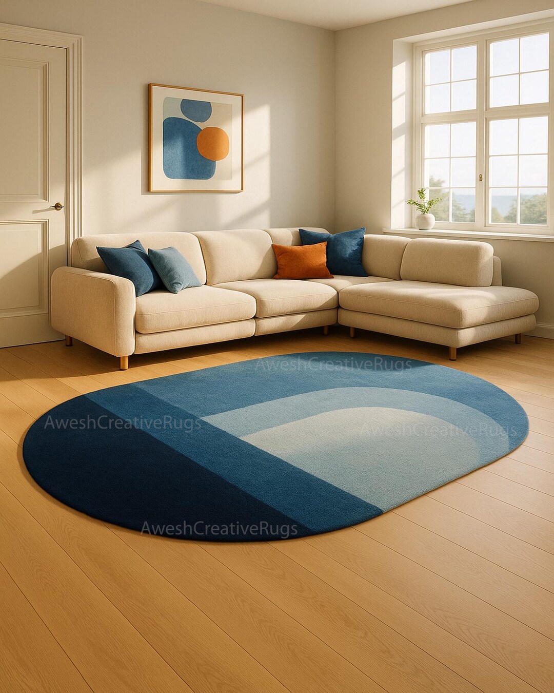 Modern Blue Abstract Oval Rug: Minimalist Scandinavian Decor - Etsy