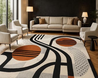 Modern Geometric Area Rug: Rust Orange, Black & Beige